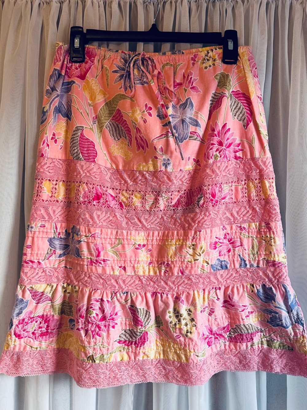 Vintage Banana Republic Pink Floral Tiered Lace Trim Drawstring Skirt Size 2